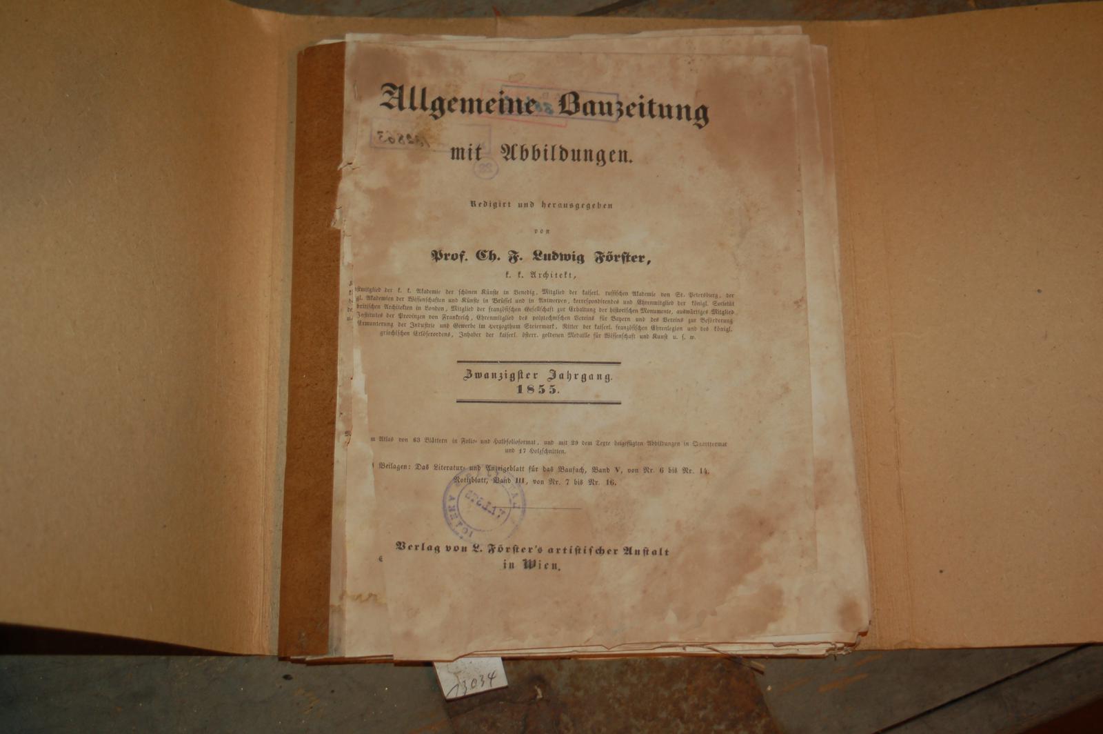 Förster Prof Ch. F. Ludwig  Allgemeine Bauzeitung mit Abbildungen  20. Jahrgang 1855 
