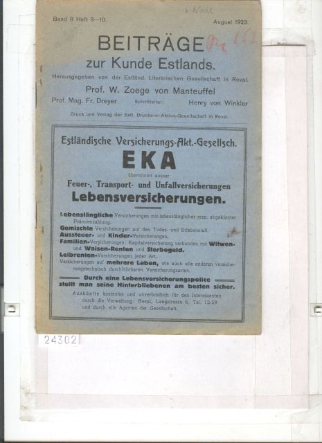 Prof W. Zoege von Manteuffel  Beiträge zur Kunde Estlands Heft 9-10 1923 