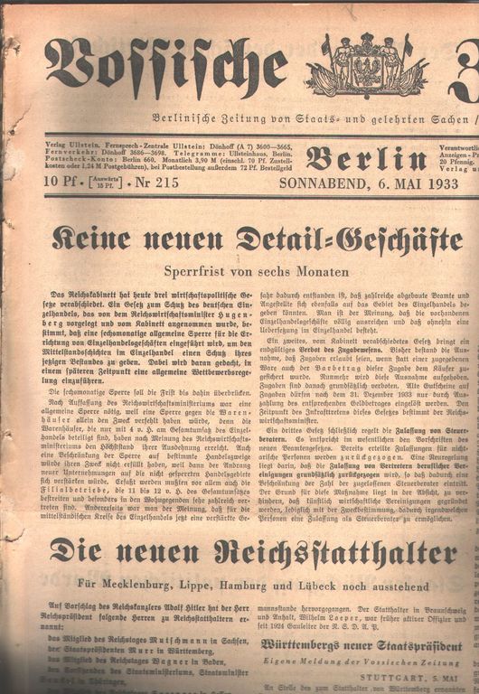 "."  Vossische Zeitung Nr. 215, 216,217, 219, 220, 225, 229 1933 
