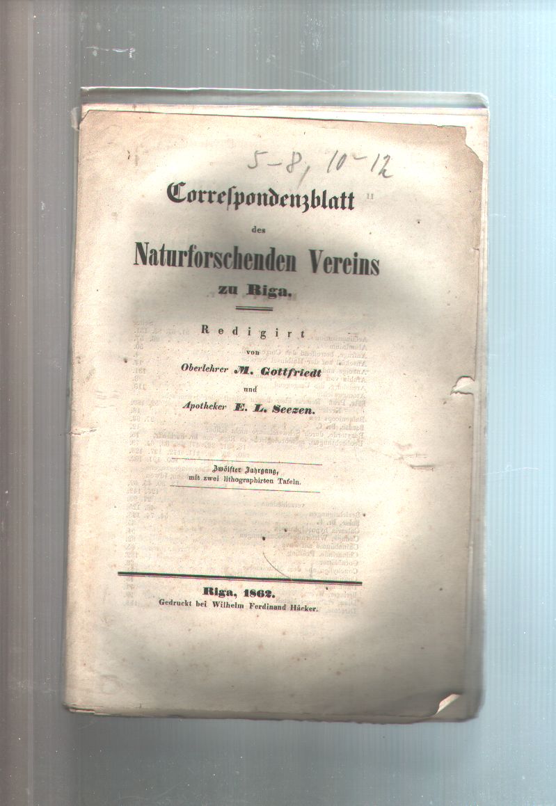 Kaell, Frederking  Correspondenzblatt des Naturforschenden Vereins zu Riga Zwölfter  Jahrgang Nr. 5-8,10-12  