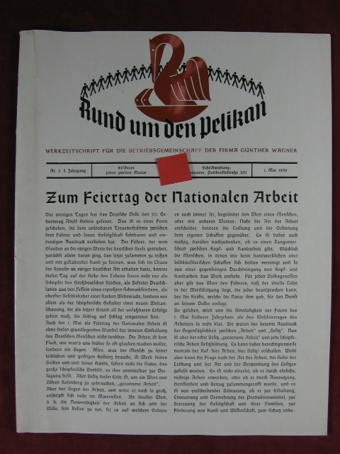   Rund um den Pelikan. Werkzeitschrift für die Betriebsgemeinschaft der Firma Günther Wagner. 1. Jahrgang, Nr. 2. 