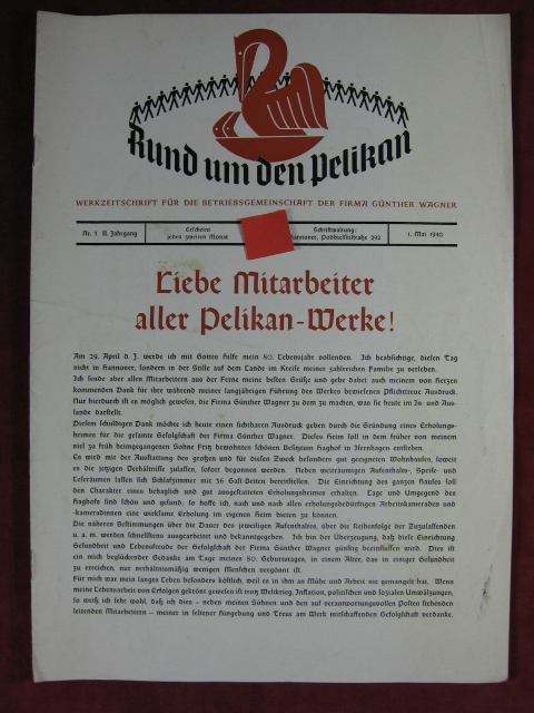   Rund um den Pelikan. Werkzeitschrift für die Betriebsgemeinschaft der Firma Günther Wagner. 2. Jahrgang, Nr. 3. 