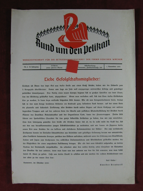   Rund um den Pelikan. Werkzeitschrift für die Betriebsgemeinschaft der Firma Günther Wagner. 2. Jahrgang, Nr. 6. 
