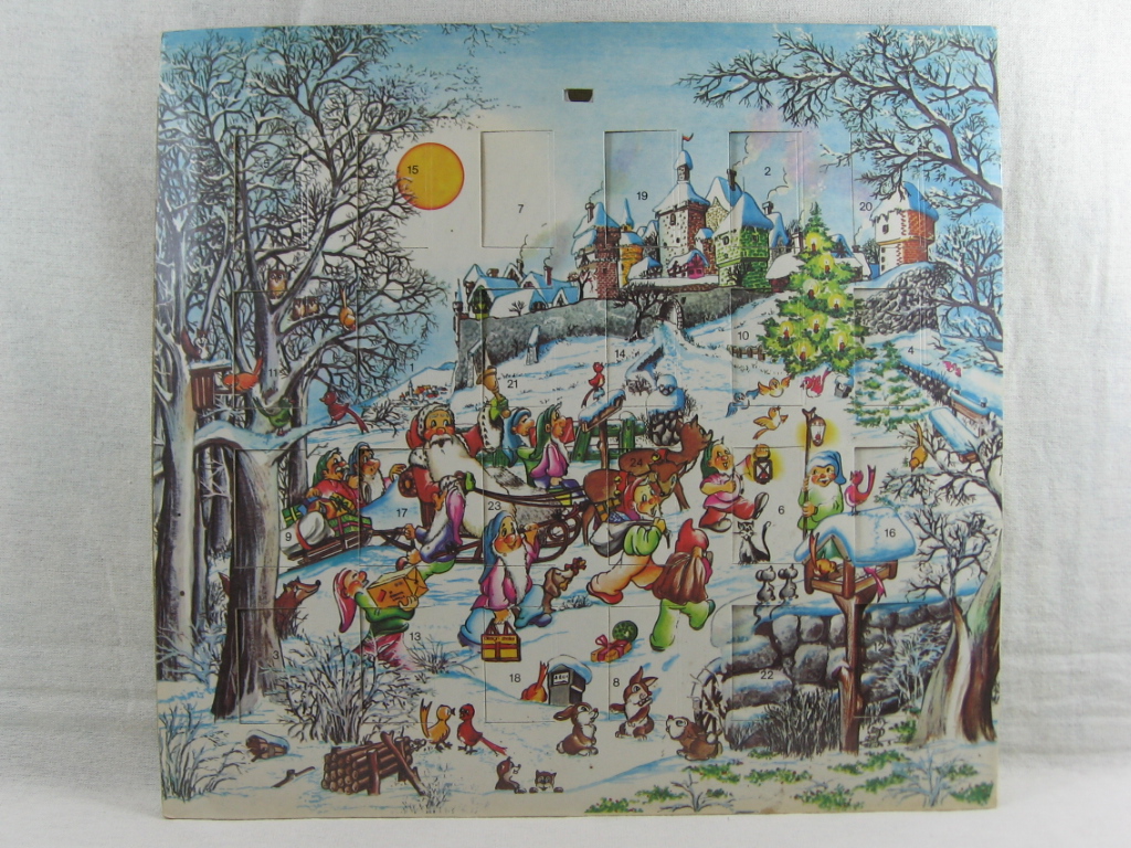 (Streller):  Adventskalender / Füllkalender: Weihnachtsmann mit Zwergen kommt im Schlitten. 