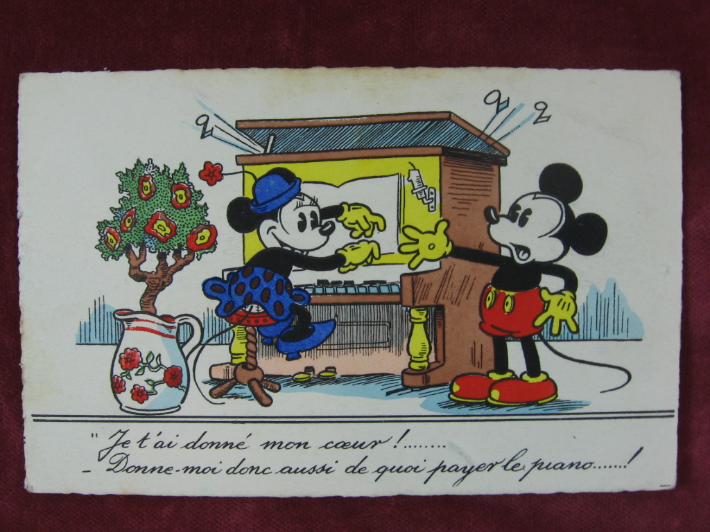   Micky und Minni Maus Postkarte: Je t ai donne mon coeur! - Donne moi donc aussi de quoi payer le piano! 