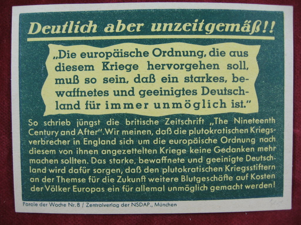  NS-Propagandazettel: Parole der Woche Nr. 8, 1941: Deutlich aber unzeitgemäß!! 