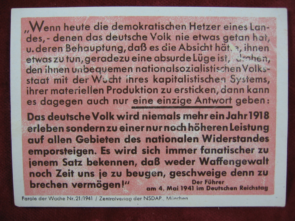   NS-Propagandazettel: Parole der Woche Nr. 21, 1941: Wenn heute die demokratischen Hetzer.. 