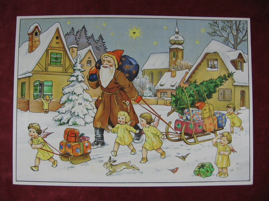   Adventskalender: Der Weihnachtsmann kommt mit Schlitten. 