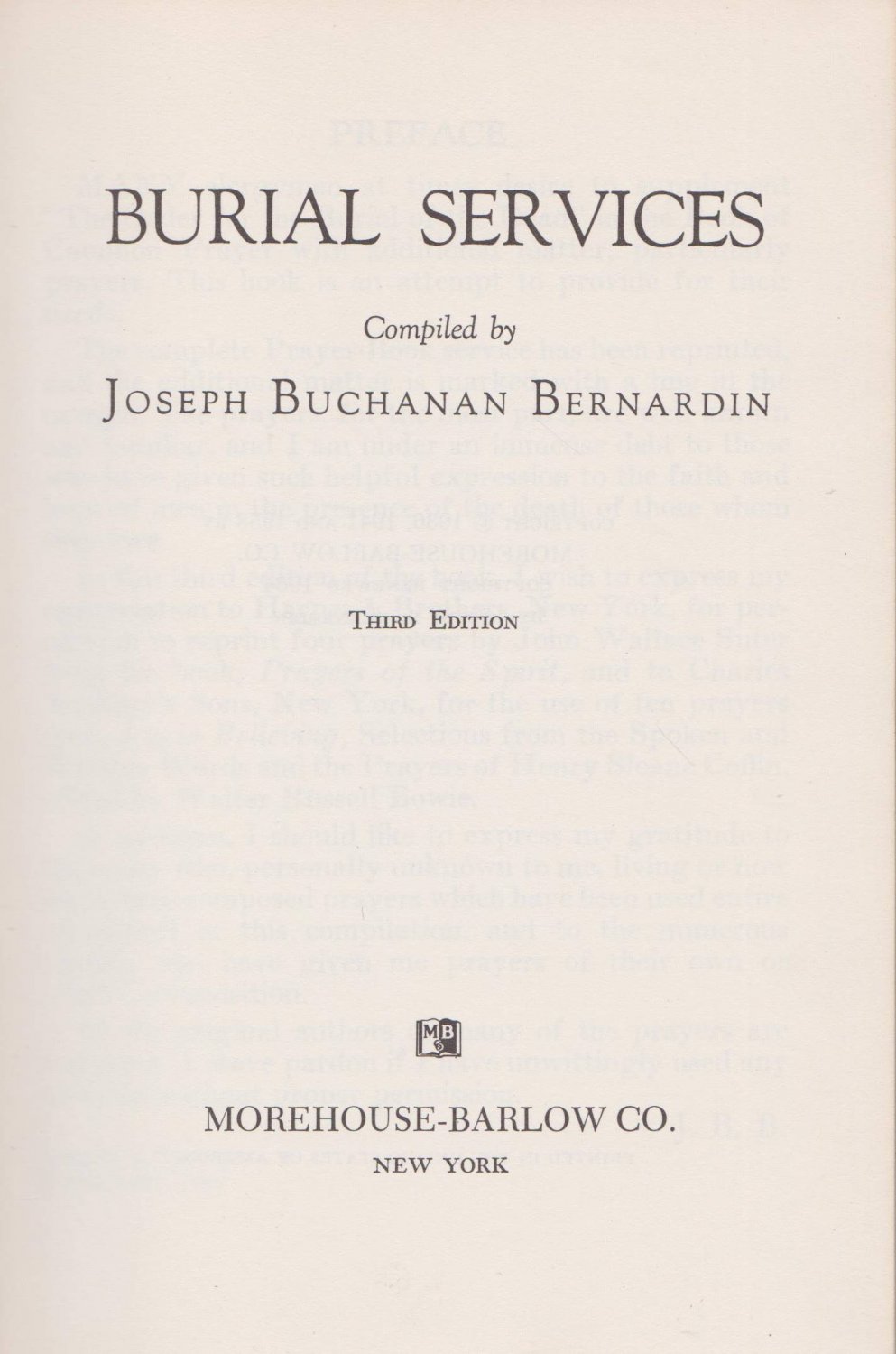BERNARDIN, Joseph Buchanan:  Burial Services. 