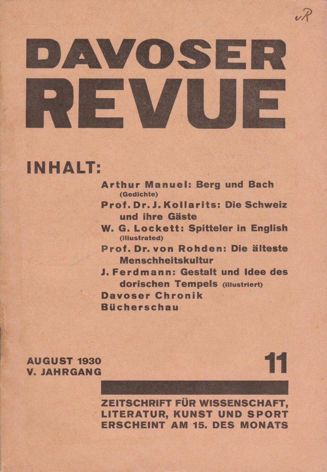   Davoser Revue. V. Jahrgang, Nummer 11, August 1930. Zeitschrift für Literatur, Wissenschaft, Kunst und Sport. 