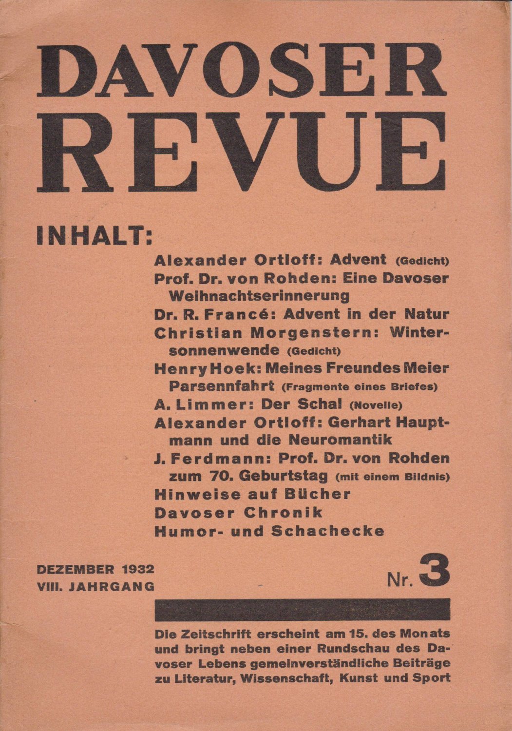   Davoser Revue. VIII. Jahrgang, Nummer 3, Dezember 1932. Zeitschrift für Literatur, Wissenschaft, Kunst und Sport. 