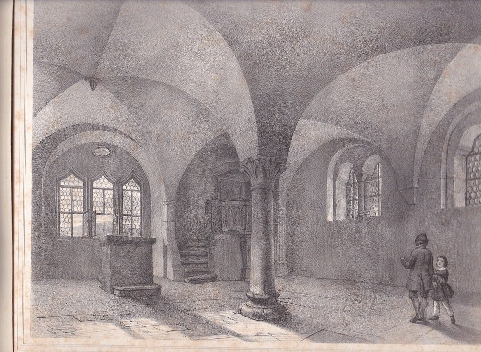   Kapelle auf der Wartburg. Original-Lithographie. Bildunterschrift: gez. v. Sprosse. gedr. b. Pönicke & Sohn, Leipzig. lith. v. Schlick. 