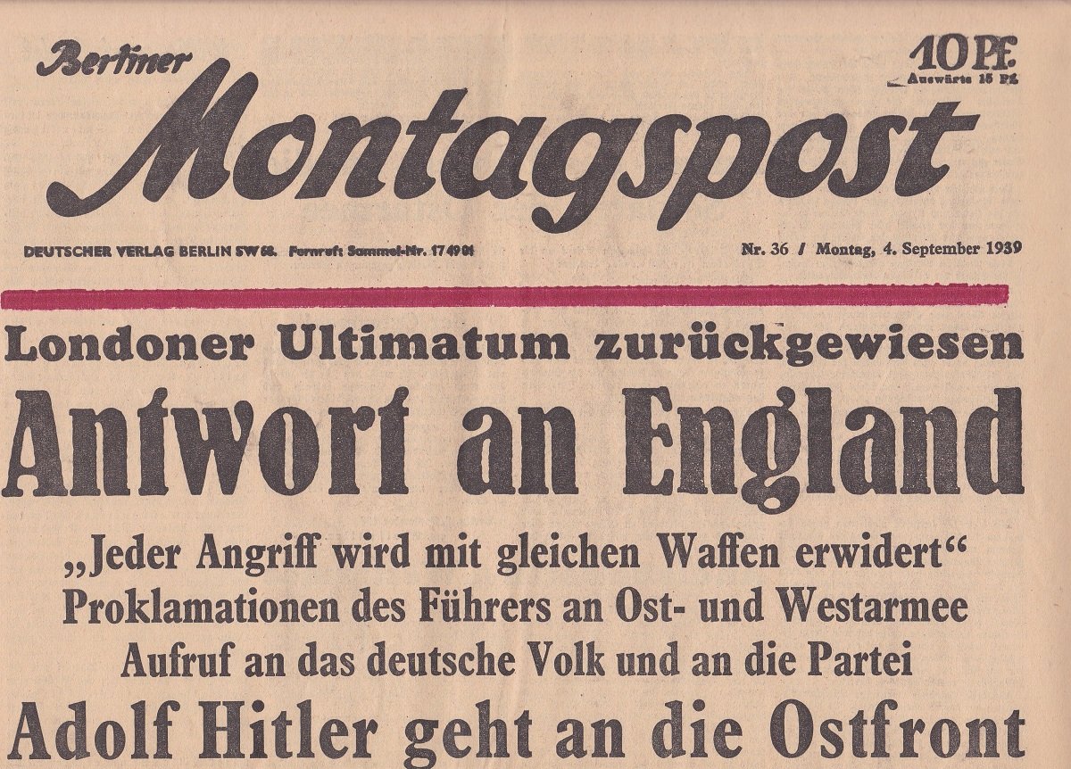 DECKEN, Ernst von der (Schriftleitung):  Berliner Montagspost. Montag, 4. September 1939. Original-Zeitung. (Erste Werktagsausgabe nach Beginn des Zweiten Weltkriegs!). 