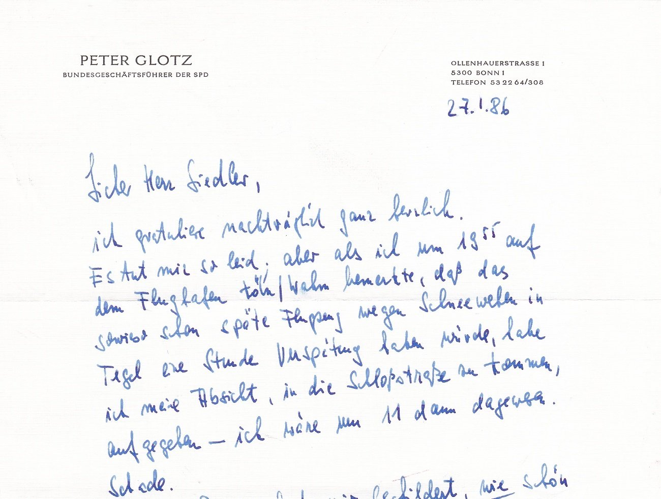 GLOTZ, Peter:  Brief des SPD-Politikers und Publizisten Peter Glotz an den Verleger Wolf Jobst Siedler. Original-Brief im Umfeld des 60. Geburtstags Siedlers im Jahr 1986. 