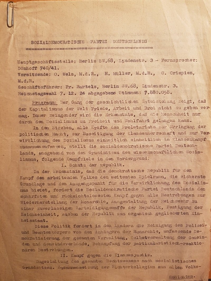 Sozialdemokratische Partei Deutschlands (Herausgeber):  Programm der SPD nach der Reichtagswahl 1924. Original-Manuskript (Schreibmaschinendurchschlag). 