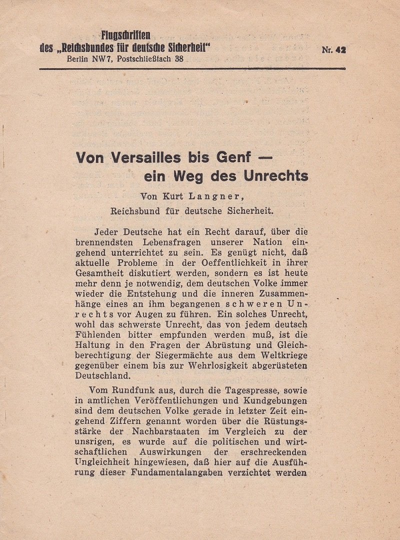 LANGNER, Kurt (Reichsbund für deutsche Sicherheit):  Von Versailles bis Genf - ein Weg des Unrechts. Flugschriften des "Reichsbundes für deutsche Sicherheit" Nr. 42. 