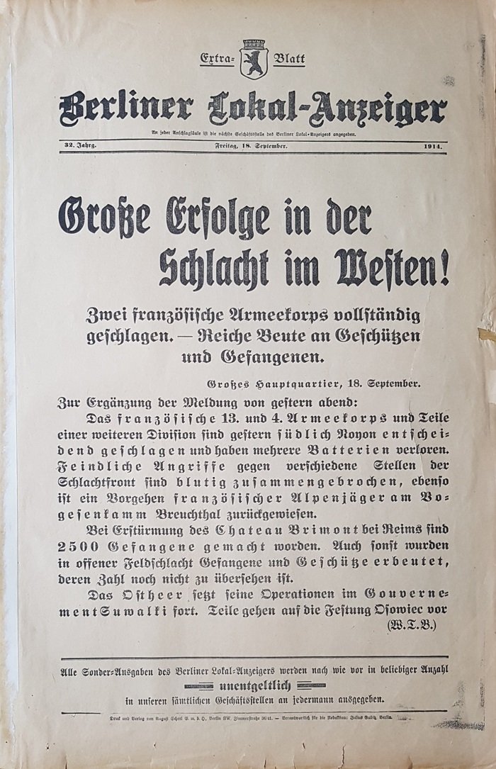 Berliner Lokal-Anzeiger (Herausgeber):  Große Erfolge in der Schlacht im Westen! (Historisches Kleinplakat zu Beginn des Ersten Weltkriegs). 