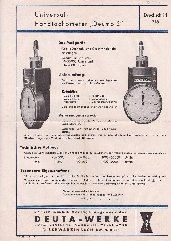 Rensch GmbH Verlagerungswerk der DEUTA-Werke, Schwarzenbach am Wald (Herausgeber):  Universal-Handtachometer "Deumo 2". Historischer Original-Prospekt. Deuta Werke. 