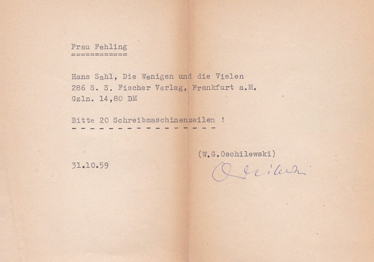 OSCHILEWSKI, Walther G.:  Schriftlicher Rezensionsauftrag für die West-Berliner Tageszeitung Telegraf. (Mit Signatur von W. G. Oschilewski!). 