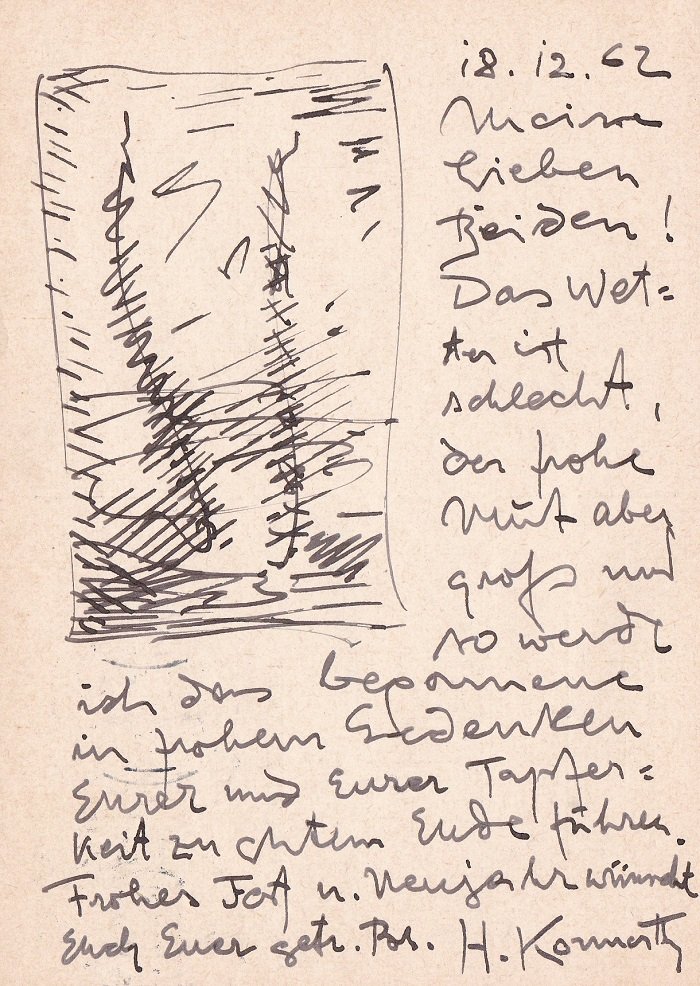 KONNERTH, Hermann:  Postkarte mit handschriftlichen Wünschen und einer Skizze an den Maler Alexander Kampmann im Jahr 1962. (Original-Schreiben). 