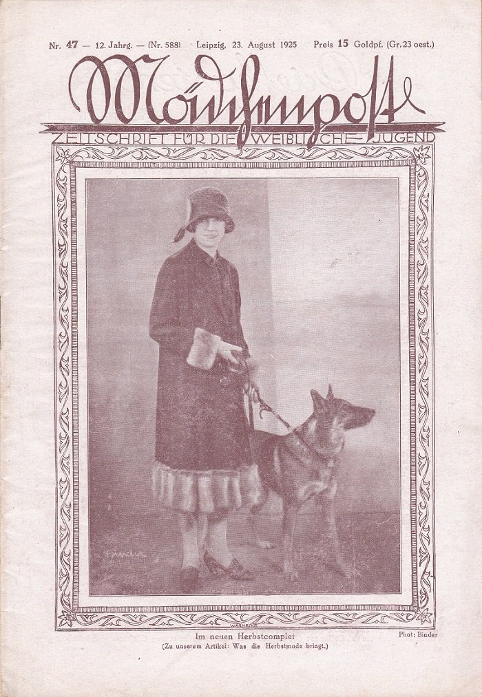 SIMONIS, Susanne (Herausgeber):  Mädchenpost. Zeitschrift für die weibliche Jugend. Nr. 47, 23. August 1925. Im neuen Herbstcomplet. (Zu unserem Artikel: Was die Herbstmode bringt). 