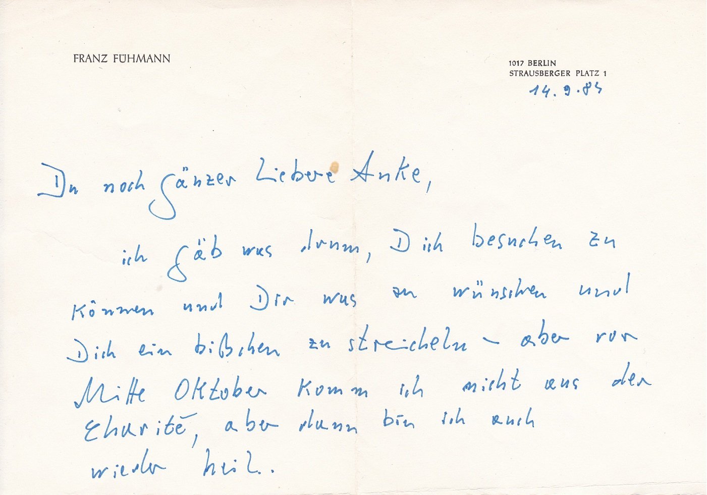 FÜHMANN, Franz:  Original-Brief des Schriftstellers Franz Fühmann nach Westberlin. 