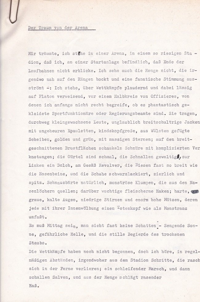FÜHMANN, Franz:  Der Traum von der Arena. (Original-Manuskript mit handschriftlichen Korrekturen). 