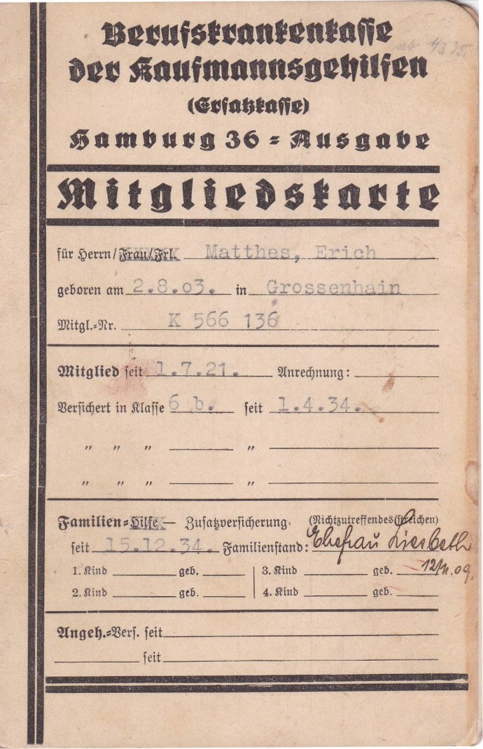 Berufskrankenkasse der Kaufmannsgehilfen, Hamburg (Herausgeber):  Mitgliedskarte, Nr. K 566 136. (Original-Dokument). 