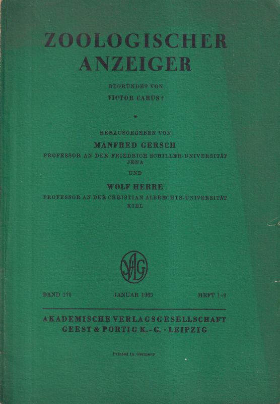 Zoologischer Anzeiger  170.Band 1963, Hefte 1/2 bis 11/12 (6 Hefte) 