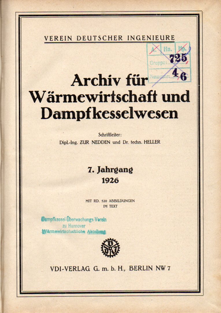 Nedden,zur+Heller  Archiv für Wärmewirtschaft und Dampfkesselwesen 7.Jg 