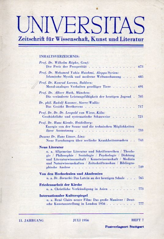 Universitas Walter Bähr  Zeitschrift für Wissenschaft,Kunst und Literatur 11.Jg.Heft 7 
