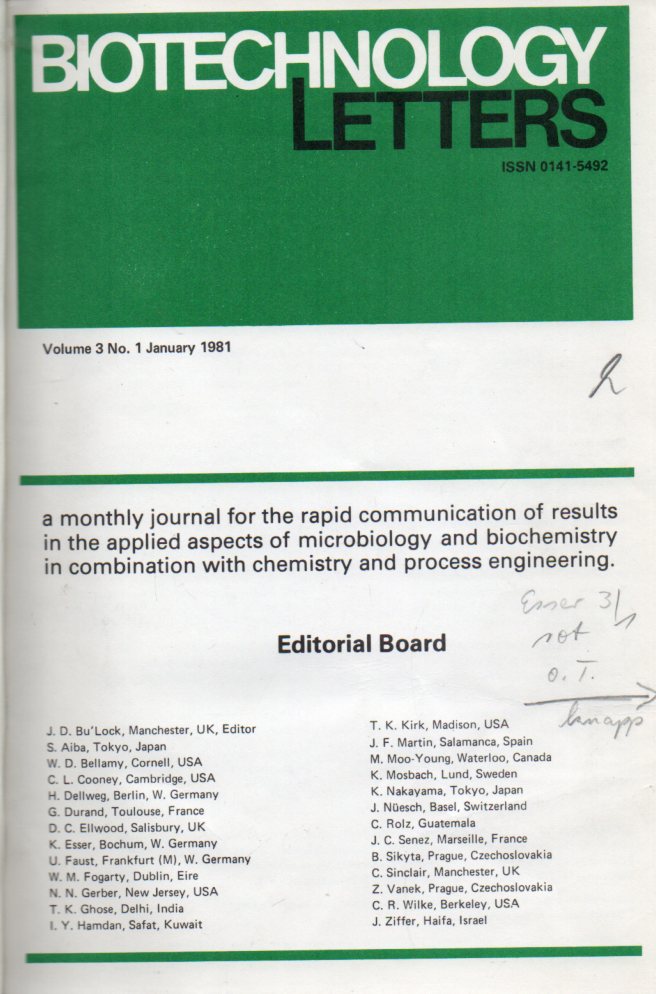 Biotechnology Letters  Biotechnology Letters Volume 3 1981, No 1 bis 12 (1 Band) 