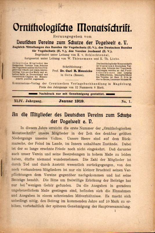 Ornithologische Monatsschrift  XLIV.Jahrgang 1919.No.1 bis 7 