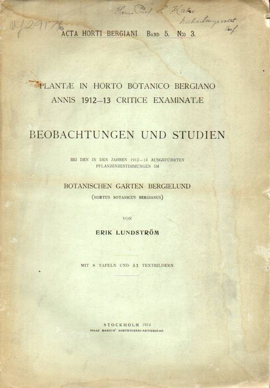Lundström,Erik  Beobachtungen und Studien bei den in den Jahren 1912-13 