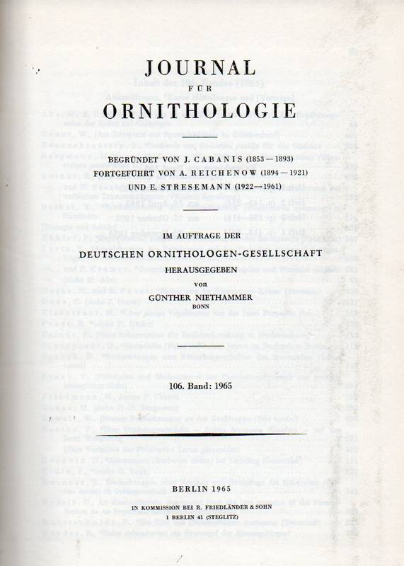 Journal für Ornithologie  Journal für Ornithologie 106 Band 1965 Heft 1 bis 4 (1 Band) 