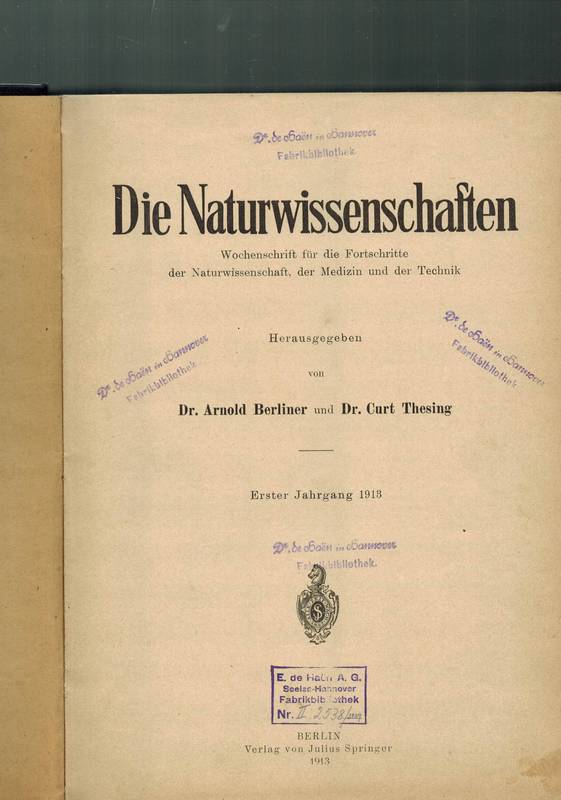 Die Naturwissenschaften  Die Naturwissenschaften 1.Jahrgang 1913 