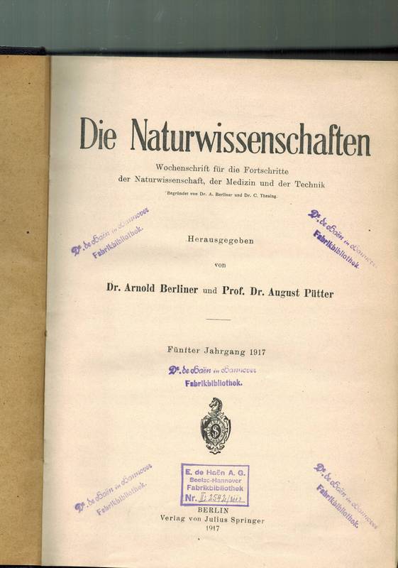 Die Naturwissenschaften  Die Naturwissenschaften 5.Jahrgang 1917 