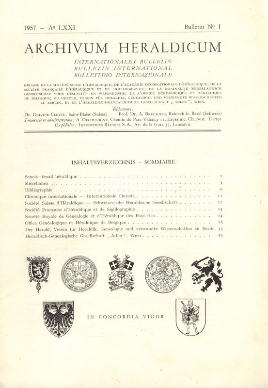 Societe Suisse D'Heraldique  Archivum Heraldicum LXXI.Jahrgang 1957 Nr.1, 2-3 und 4 