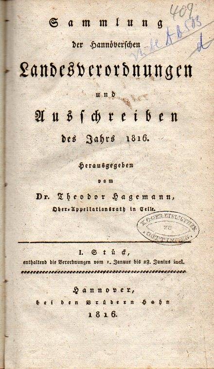 Hagemann,Theodor  Sammlung der Hannoverschen Landesverordnungen und Ausschreiben 