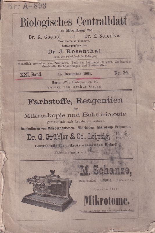 Biologisches Centralblatt  21.Band 1901.Nr.1 bis 24 (22 Hefte) 