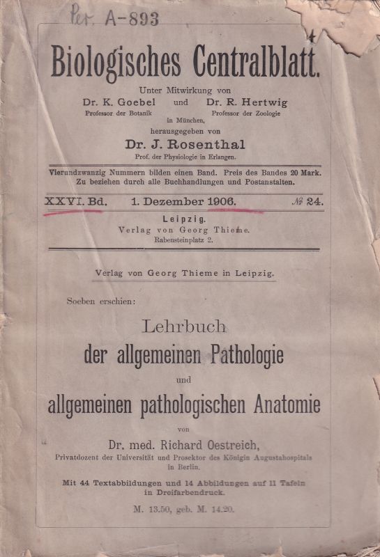 Biologisches Centralblatt  26.Band 1906.Nr.1 bis 24 (20 Hefte) 