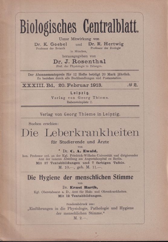 Biologisches Centralblatt  33.Band 1913.Nr.1 bis 12 (12 Hefte) 
