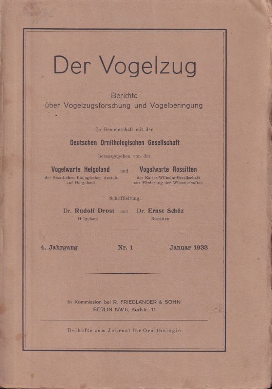 Der Vogelzug  4.Jahrgang 1933.Heft 1 bis 4 (4 Hefte) 