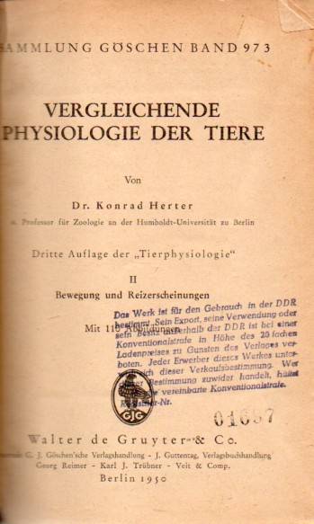 Herter,Konrad  Vergleichende Physiologie der Tiere.II:Bewegung und Reizerscheinungen 