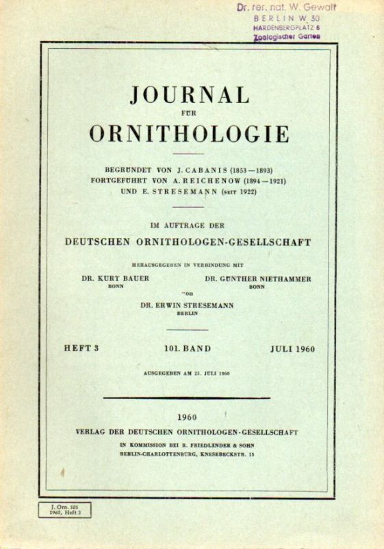 Journal für Ornithologie  Journal für Ornithologie 101.Band 1960 Heft 3 (1 Heft) 
