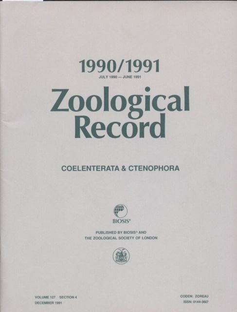 Zoological Record  Volume 127 - Coelenterata & Ctenophora. Section 4. July 1990 bis 