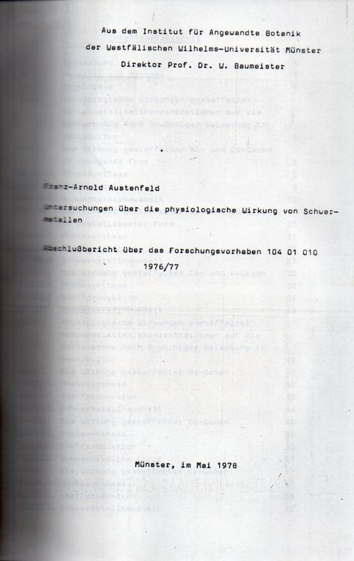 Austenfeld,Franz-Arnold  Untersuchungen über die physiologische Wirkung von Schwermetallen 