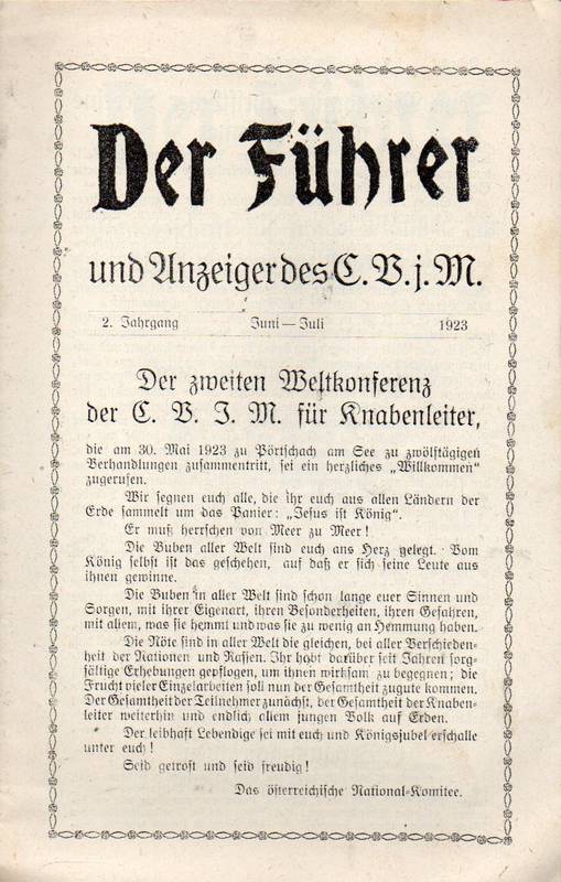 Der Führer und Anzeiger des C.V.j.M.  Zweite Weltkonferenz der C.V.j.M. für Knabenleiter am 30.Mai 1923 zu 
