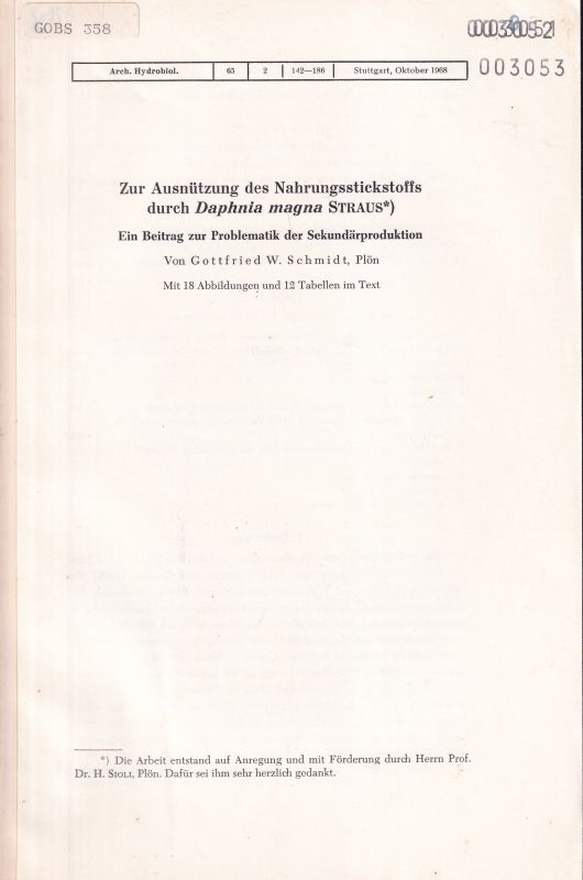 Schmidt,Gottfried W.  Zur Ausnützung des Nahrungsstickstoffs durch Daphnia magna Straus 
