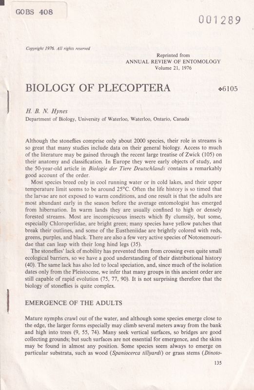 Hynes,H.B.N.  Biology of Plecoptera 